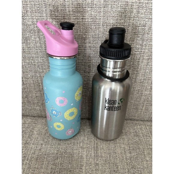 Kids Klean Kanteen Sport Cap Steel Water Bottle 18 Oz Set Of 2. Cat Donut/Silver - Picture 1 of 11
